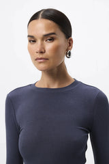 Brooklyn Top Sapphire by Mossman - ribbed jersey top with thumbhole sleeves and fitted shape, designed for elevated everyday styling.