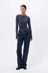 Brooklyn Top Sapphire by Mossman - ribbed jersey top with thumbhole sleeves and fitted shape, designed for elevated everyday styling.