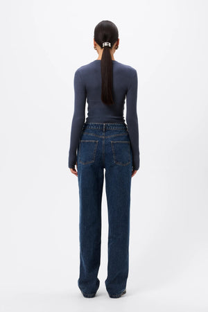 Brooklyn Top Sapphire by Mossman - ribbed jersey top with thumbhole sleeves and fitted shape, designed for elevated everyday styling.