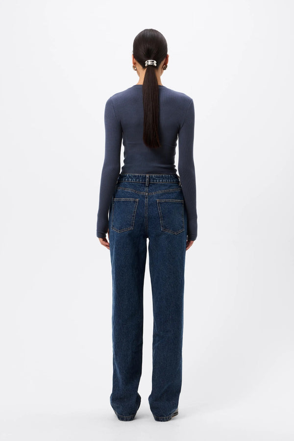 Brooklyn Top Sapphire by Mossman - ribbed jersey top with thumbhole sleeves and fitted shape, designed for elevated everyday styling.