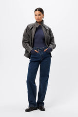 Brooklyn Top Sapphire by Mossman - ribbed jersey top with thumbhole sleeves and fitted shape, designed for elevated everyday styling.
