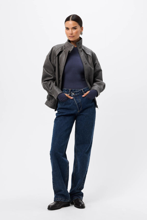 Brooklyn Top Sapphire by Mossman - ribbed jersey top with thumbhole sleeves and fitted shape, designed for elevated everyday styling.