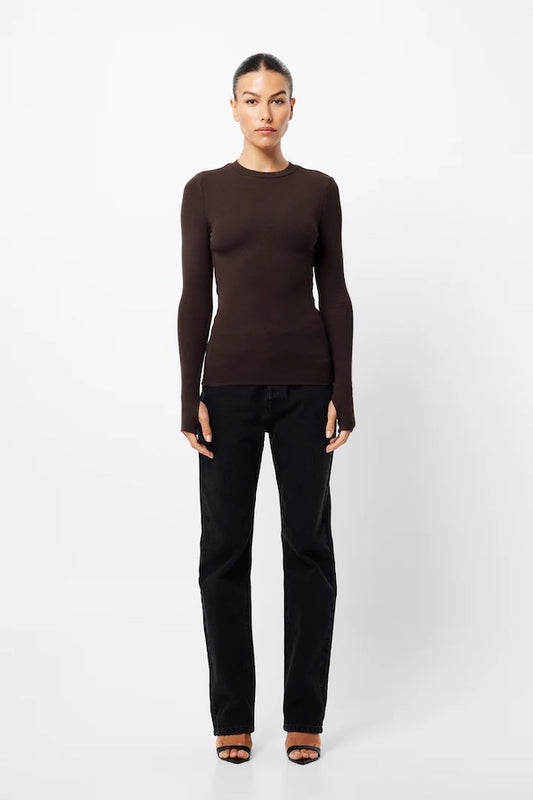 Brooklyn Top by Mossman Choolate – a fitted knit top with high neckline and thumb sleeves. Perfect for layering or everyday wear.