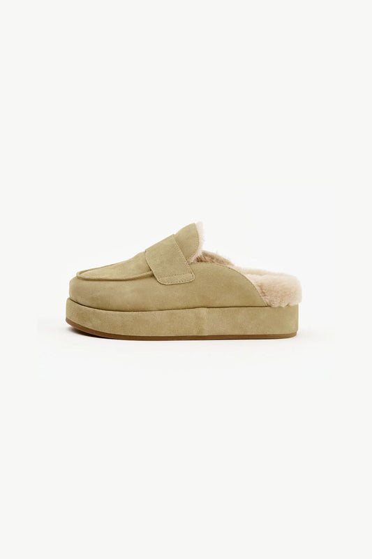 Burkley Dune Suede Shearling by Alias Mae - suede slip on loafer with shearling lining and flatform sole, perfect for cozy elevated everyday wear.