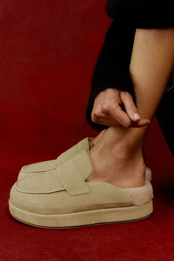 Burkley Dune Suede Shearling by Alias Mae - suede slip on loafer with shearling lining and flatform sole, perfect for cozy elevated everyday wear.