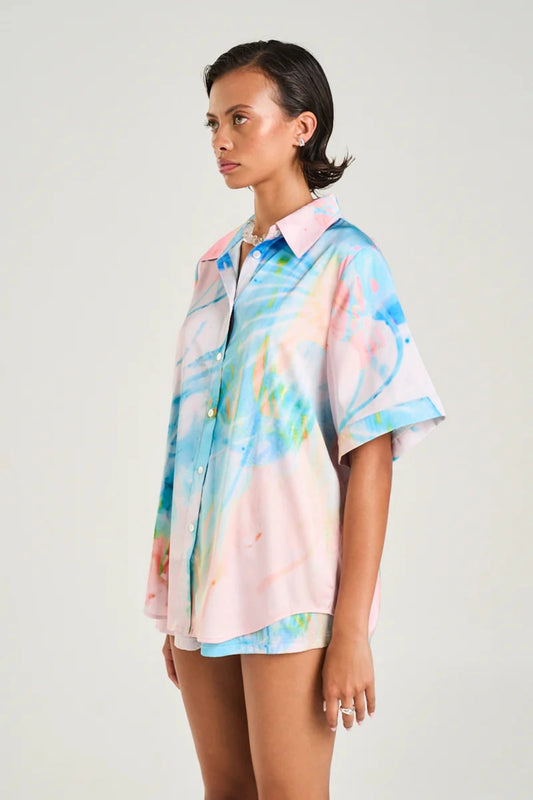 Button Up Shirt Medusa Phase by Summi Summi, silky pastel print shirt with relaxed fit and button-up design, a trendy piece perfect for layering or set styling.