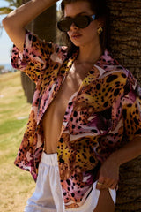 Button Up Short Sleeve Shirt Orchid by Summi Summi – relaxed cupro blend resort shirt with vibrant floral-inspired print.