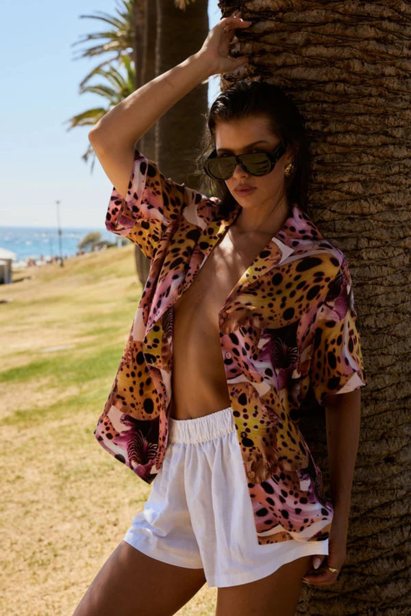 Button Up Short Sleeve Shirt Orchid by Summi Summi – relaxed cupro blend resort shirt with vibrant floral-inspired print.