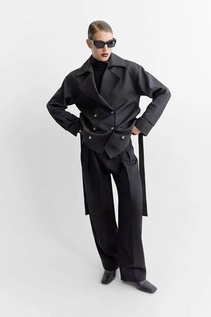 Malia Belted Jacket Black by Camilla and Marc, tailored double breasted jacket with structured shoulders and belt detail