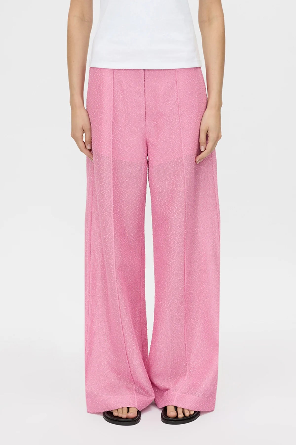 Merle Wide-Leg Pant by Camilla and Marc in rose pink, tailored wide-leg cut with pintuck detailing and bouclé-textured finish.
