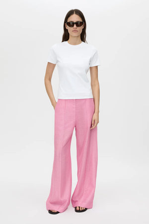 Merle Wide-Leg Pant by Camilla and Marc in rose pink, tailored wide-leg cut with pintuck detailing and bouclé-textured finish.