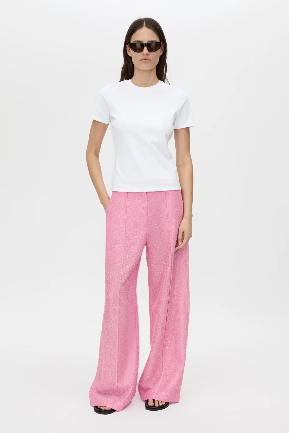 Merle Wide-Leg Pant by Camilla and Marc in rose pink, tailored wide-leg cut with pintuck detailing and bouclé-textured finish.