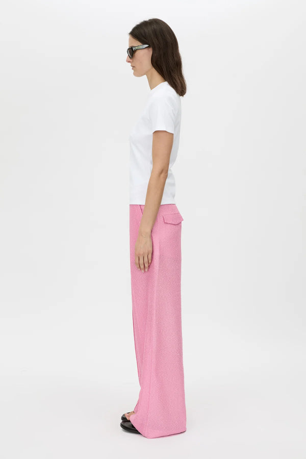 Merle Wide-Leg Pant by Camilla and Marc in rose pink, tailored wide-leg cut with pintuck detailing and bouclé-textured finish.
