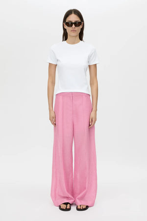 Merle Wide-Leg Pant by Camilla and Marc in rose pink, tailored wide-leg cut with pintuck detailing and bouclé-textured finish.