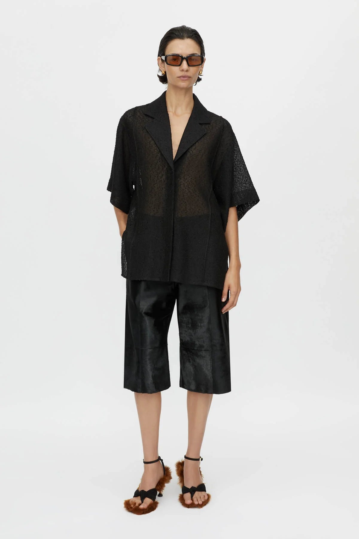 Merle Short Sleeve Shirt by Camilla and Marc in black, relaxed fit with corozo buttons and bouclé-textured finish.

