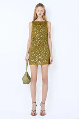 Cabine Boatneck Mini Dress in Moss by Bec + Bridge, a fully lined sequin mini with boat neckline, low scoop back, and raw hem.