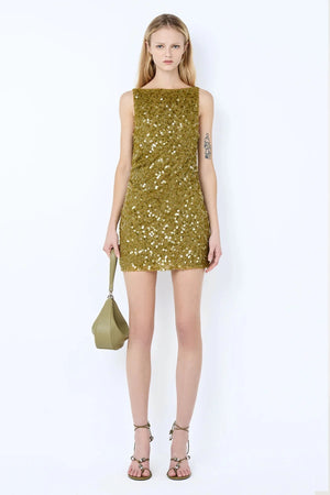Cabine Boatneck Mini Dress in Moss by Bec + Bridge, a fully lined sequin mini with boat neckline, low scoop back, and raw hem.