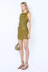 Cabine Boatneck Mini Dress in Moss by Bec + Bridge, a fully lined sequin mini with boat neckline, low scoop back, and raw hem.