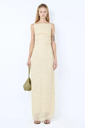 Cabine Maxi Dress in Cream by Bec + Bridge, a fully lined sequin maxi with boat neckline and rouleau open-back detail.