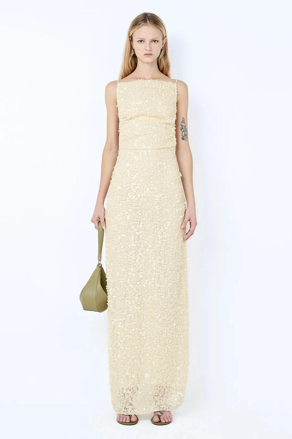 Cabine Maxi Dress in Cream by Bec + Bridge, a fully lined sequin maxi with boat neckline and rouleau open-back detail.