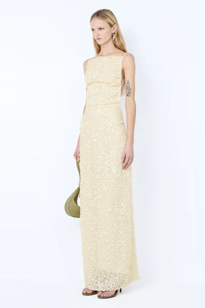 Cabine Maxi Dress in Cream by Bec + Bridge, a fully lined sequin maxi with boat neckline and rouleau open-back detail.