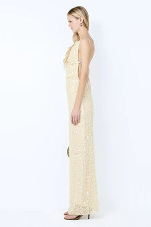 Cabine Maxi Dress in Cream by Bec + Bridge, a fully lined sequin maxi with boat neckline and rouleau open-back detail.
