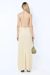 Cabine Maxi Dress in Cream by Bec + Bridge, a fully lined sequin maxi with boat neckline and rouleau open-back detail.