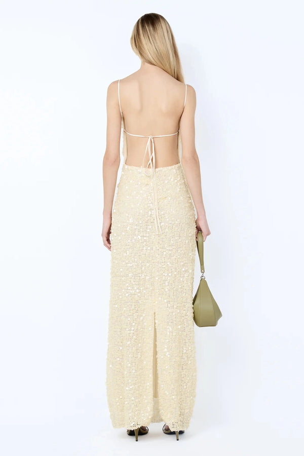 Cabine Maxi Dress in Cream by Bec + Bridge, a fully lined sequin maxi with boat neckline and rouleau open-back detail.