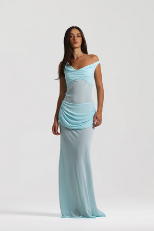 Cadence Dress Baby Blue by Natalie Rolt – Romantic off-shoulder silhouette with a removable corset and draped georgette skirt for fluid elegance.