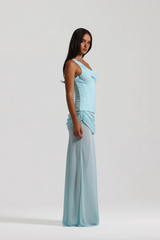 Cadence Dress Baby Blue by Natalie Rolt – Romantic off-shoulder silhouette with a removable corset and draped georgette skirt for fluid elegance.