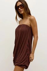 Calista Mini Dress in Chocolate by Bayse, a trending strapless jersey mini with gathered neckline, perfect for night-out styling.