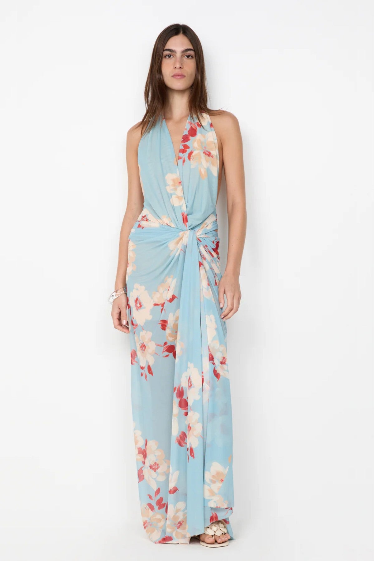 Calliope Drape Maxi Dress by Bec and Bridge — a floral backless draped maxi with a dramatic front slit, perfect for elegant evening events.