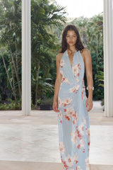 Calliope Drape Maxi Dress by Bec and Bridge — a floral backless draped maxi with a dramatic front slit, perfect for elegant evening events.