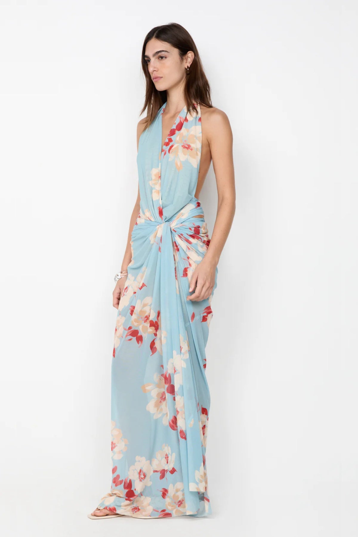 Calliope Drape Maxi Dress by Bec and Bridge — a floral backless draped maxi with a dramatic front slit, perfect for elegant evening events