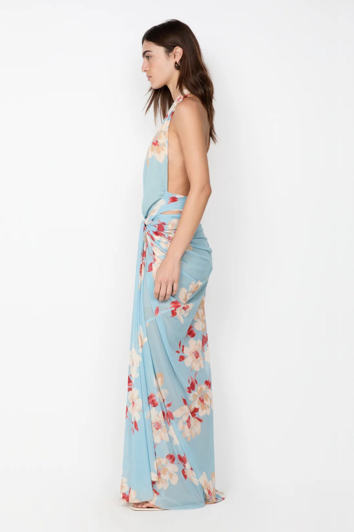 Calliope Drape Maxi Dress by Bec and Bridge — a floral backless draped maxi with a dramatic front slit, perfect for elegant evening events