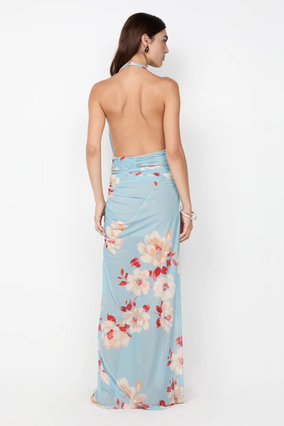 Calliope Drape Maxi Dress by Bec and Bridge — a floral backless draped maxi with a dramatic front slit, perfect for elegant evening events