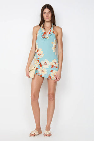 Calliope Mini Dress by Bec and Bridge — a floral cowl-neck mini with a beaded strap and asymmetric hem, perfect for elegant resort evenings.