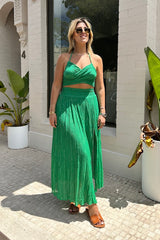 Calypso Skirt Emerald Gold by D' Artemide – a maxi skirt with shirred waist and front split. Perfect for summer styling.