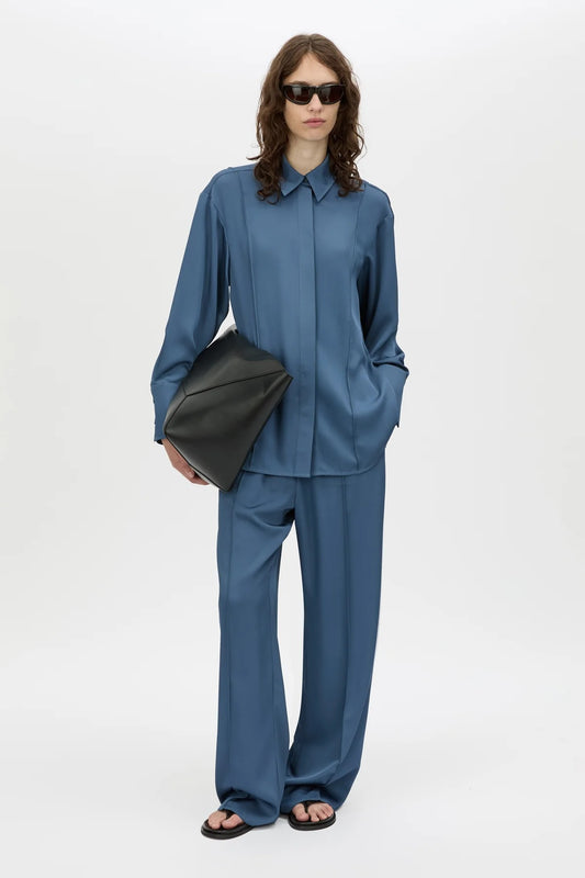 Cameo Shirt by Camilla and Marc, an oversized steel grey long sleeve shirt with concealed buttons, pin-stitch seams and wide cuffs.