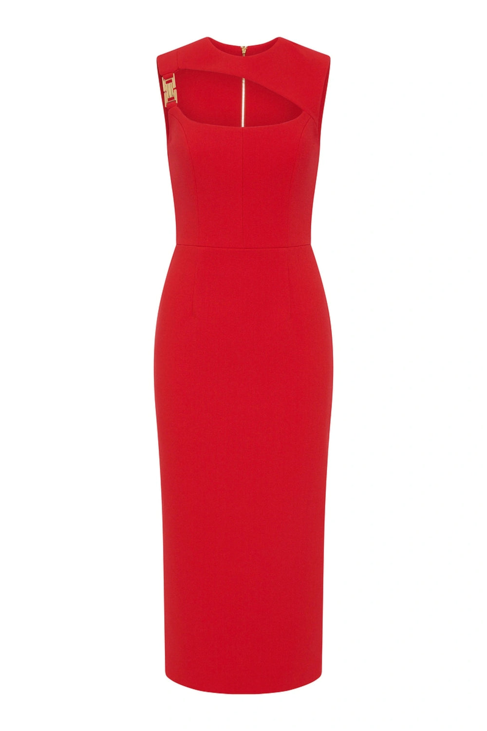 Cameron Midi Dress by Rebecca Vallance, a red bonded crepe halter dress with gold detail and a sleek pencil skirt. Perfect for elegant events.