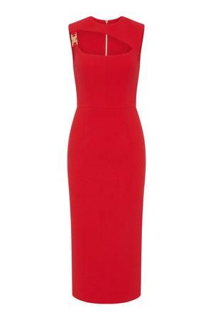 Cameron Midi Dress by Rebecca Vallance, a red bonded crepe halter dress with gold detail and a sleek pencil skirt. Perfect for elegant events.