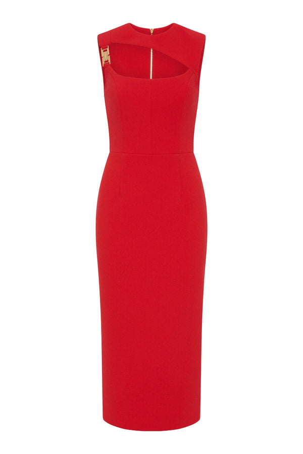 Cameron Midi Dress by Rebecca Vallance, a red bonded crepe halter dress with gold detail and a sleek pencil skirt. Perfect for elegant events.