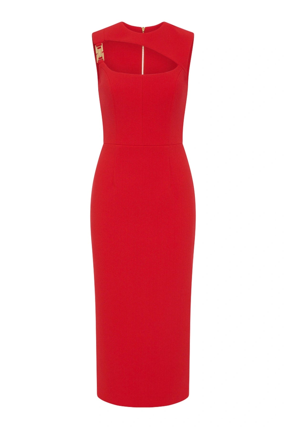 Cameron Midi Dress by Rebecca Vallance, a red bonded crepe halter dress with gold detail and a sleek pencil skirt. Perfect for elegant events.