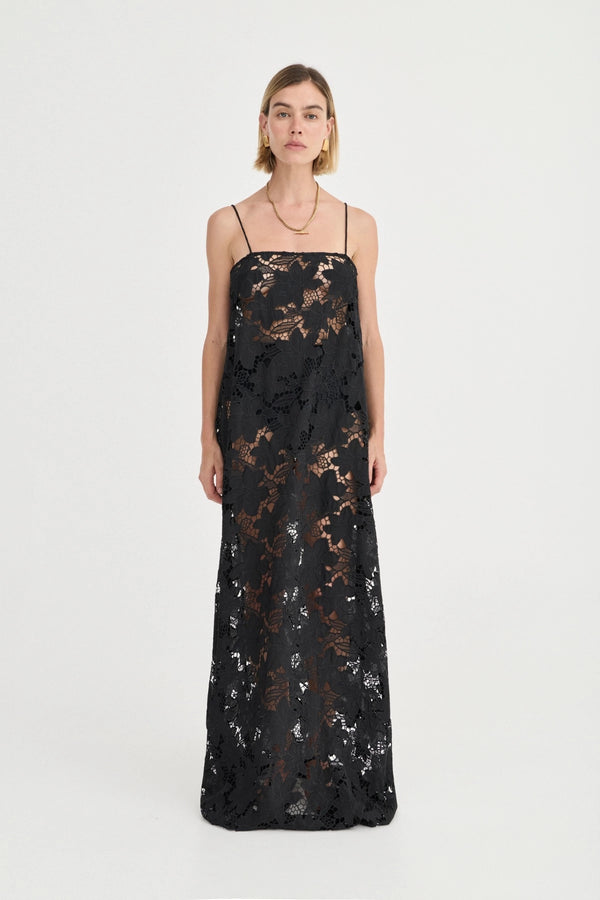 Camilla Crochet Lace Dress Noir by Solaqua – black floral crochet lace maxi dress with spaghetti straps and sheer finish.