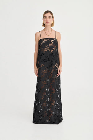 Camilla Crochet Lace Dress Noir by Solaqua – black floral crochet lace maxi dress with spaghetti straps and sheer finish.