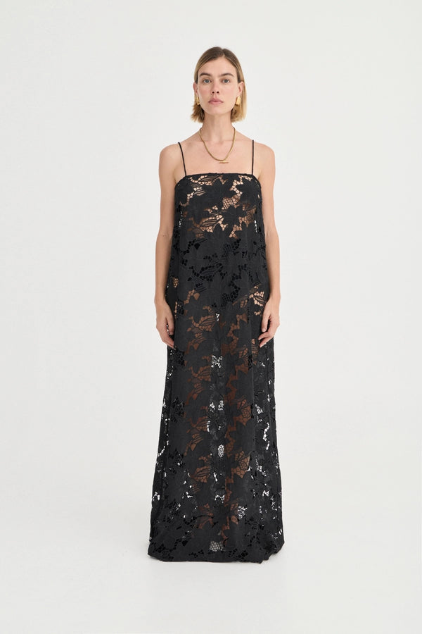 Camilla Crochet Lace Dress Noir by Solaqua – black floral crochet lace maxi dress with spaghetti straps and sheer finish.