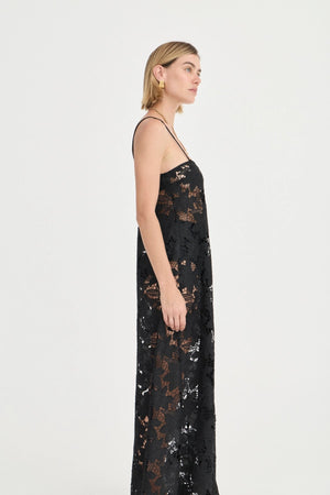 Camilla Crochet Lace Dress Noir by Solaqua – black floral crochet lace maxi dress with spaghetti straps and sheer finish.