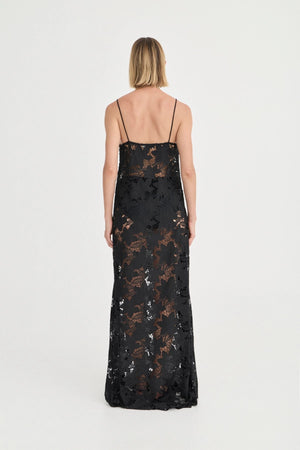 Camilla Crochet Lace Dress Noir by Solaqua – black floral crochet lace maxi dress with spaghetti straps and sheer finish.