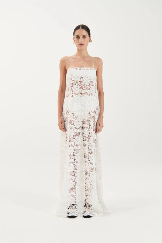 Camilla Crochet Lace Ivory by Solaqua - floral lace maxi dress with spaghetti straps and sheer finish, perfect for elegant summer and resort wear.