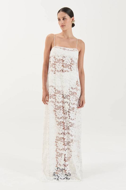 Camilla Crochet Lace Ivory by Solaqua - floral lace maxi dress with spaghetti straps and sheer finish, perfect for elegant summer and resort wear.